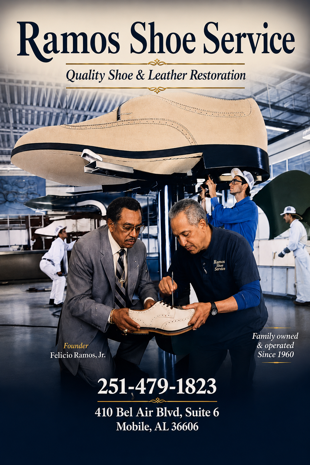 Vintage Ramos Shoe Service poster showing founder Felicio Ramos Jr. and craftsmen working on a giant shoe on a lift