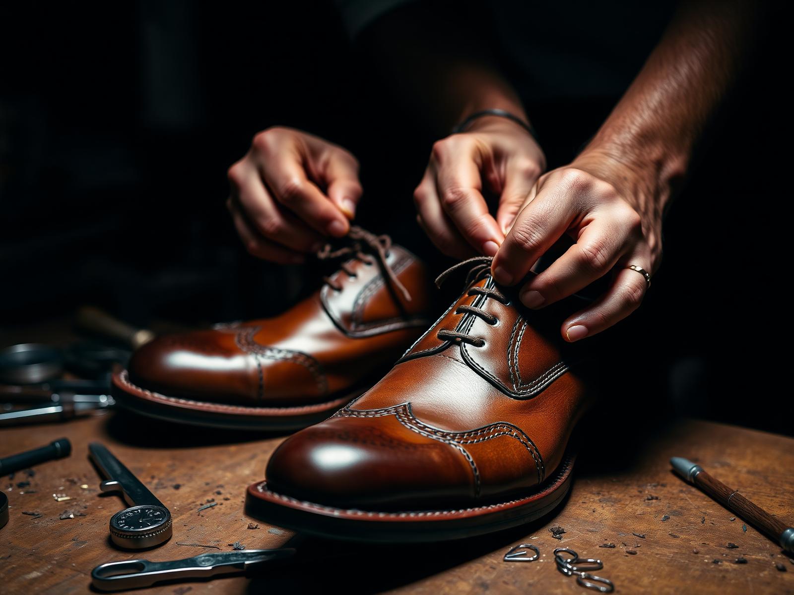 Cobbler stitching a leather dress shoe
